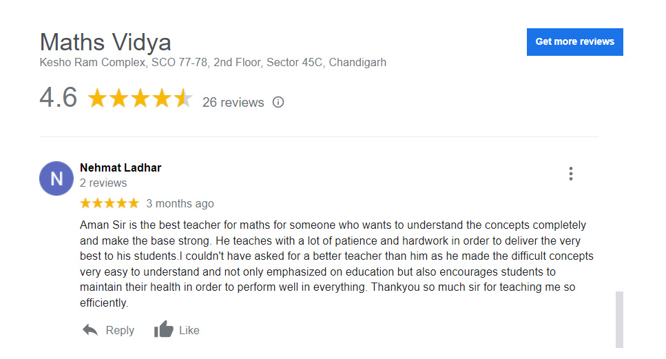 Maths Vidya Institute student Google review for CBSE Class 10 coaching